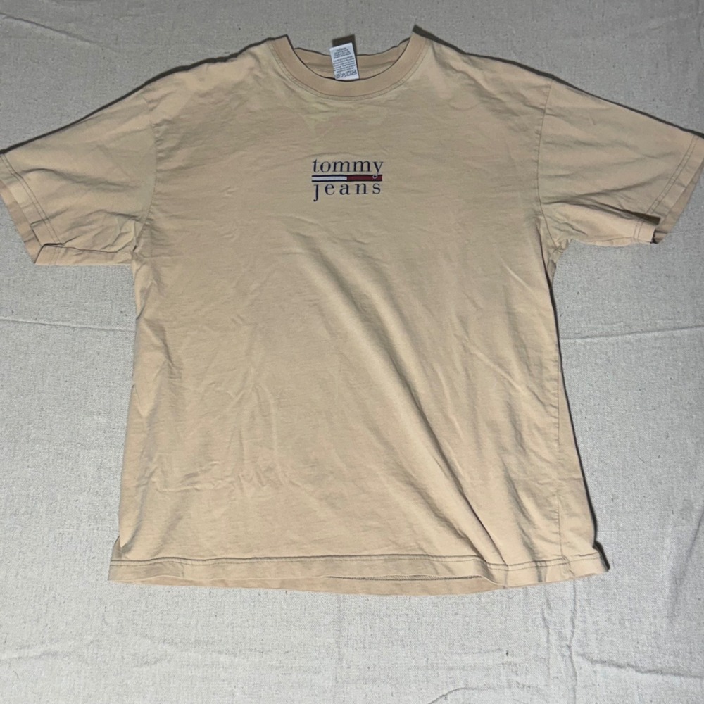 Vintage Tommy Jeans T Shirt XL Tan Beige Embroidered Flag Logo 90s Cotton Tee
